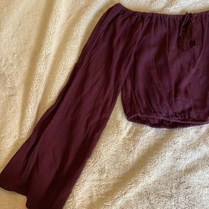 Kendall & Kylie off shoulder maroon long sleeve crop top